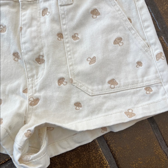 PacSun Cream Embroidered Mushroom Print High Waisted Denim Shorts - Picture 9 of 16